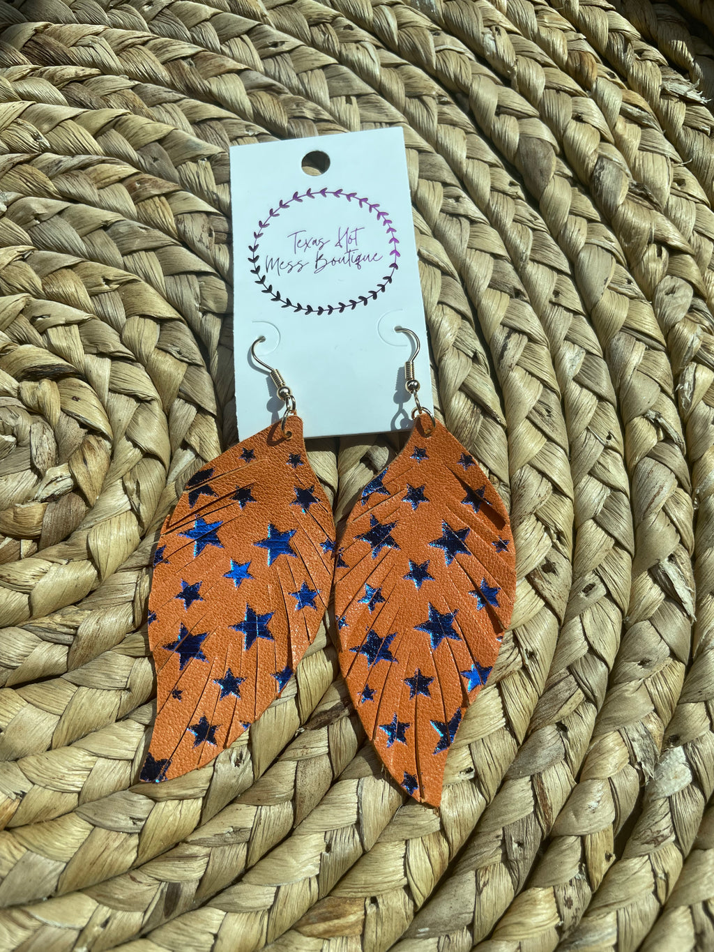 Drop Feather Star Orange and Blue Earrings