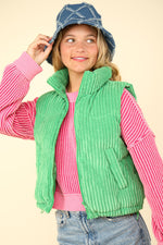 Jazzy green Zip Up Padded Corduroy Puffer Vest