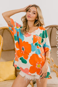 Floral V Neck Slit Side T-Shirt