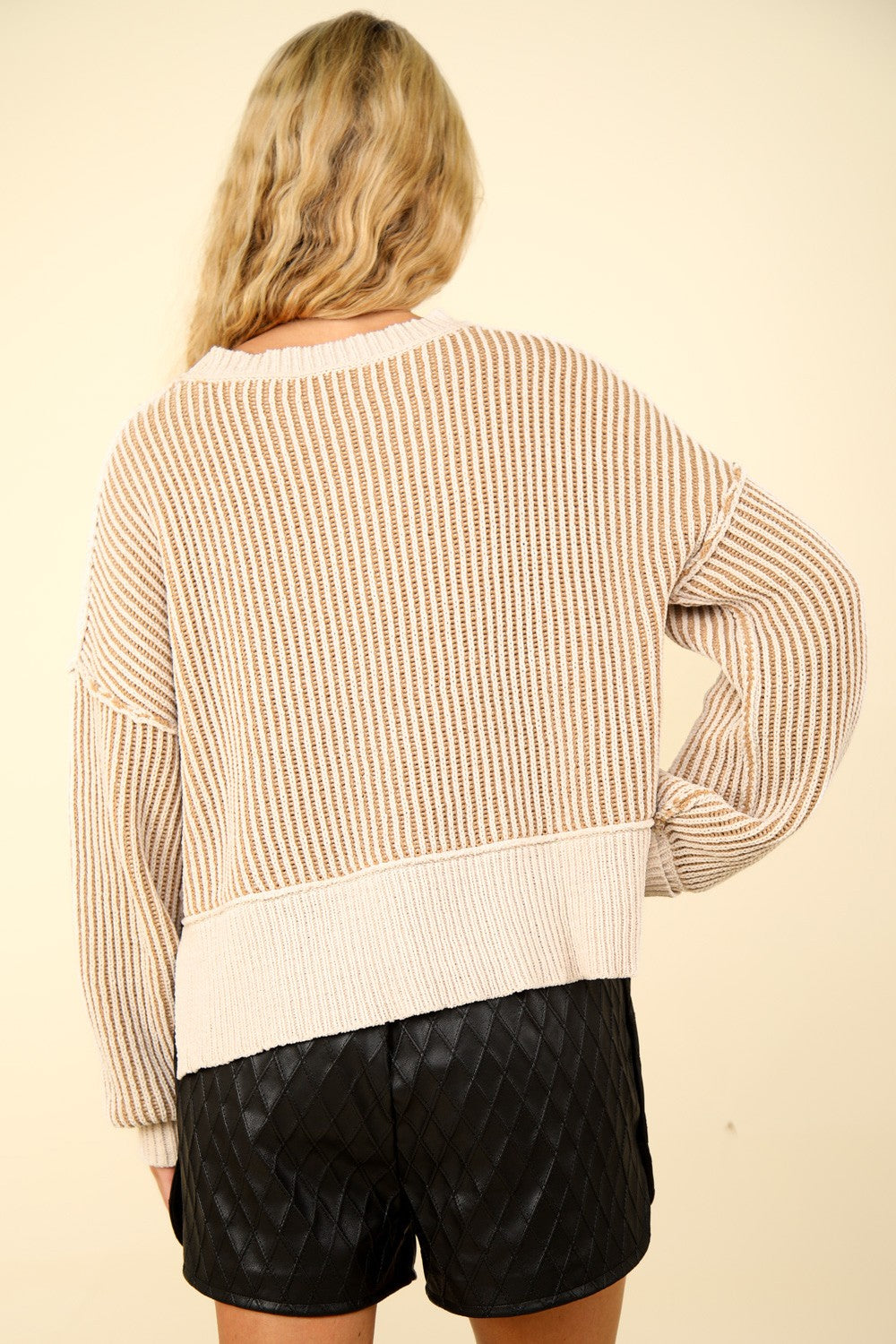 Carmel dream Seam Cropped Striped Slit Sweater