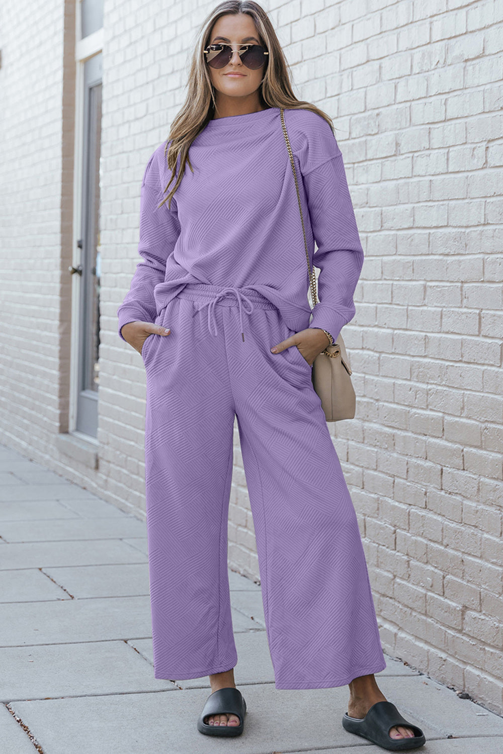 Janet Textured Long Sleeve Top and Drawstring Pants Set