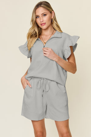 Jeanette Texture Flounce Sleeve Top and Drawstring Shorts Set