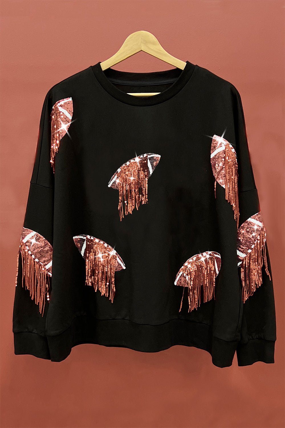 Run the Ball Sequin Fringe Football Patch Round Neck Sweatshirt