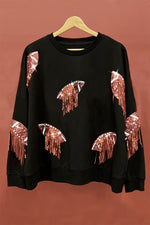 Run the Ball Sequin Fringe Football Patch Round Neck Sweatshirt