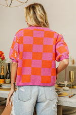 Checkered Short Sleeve Sequin Sweater