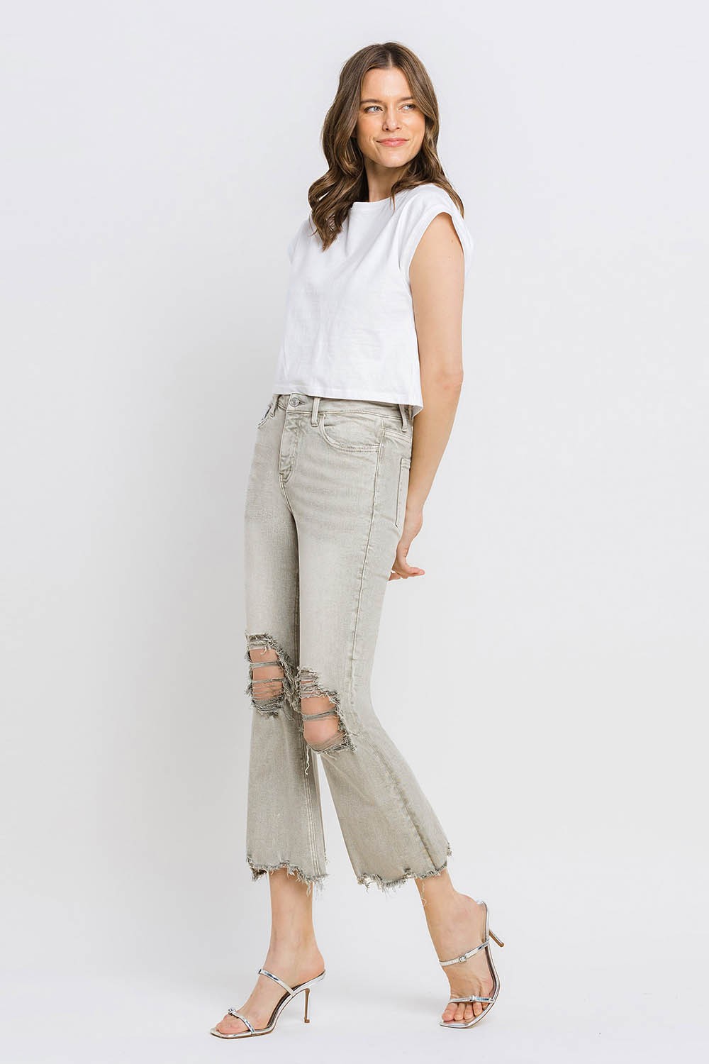 Distressed Raw Hem Cropped Flare Jeans