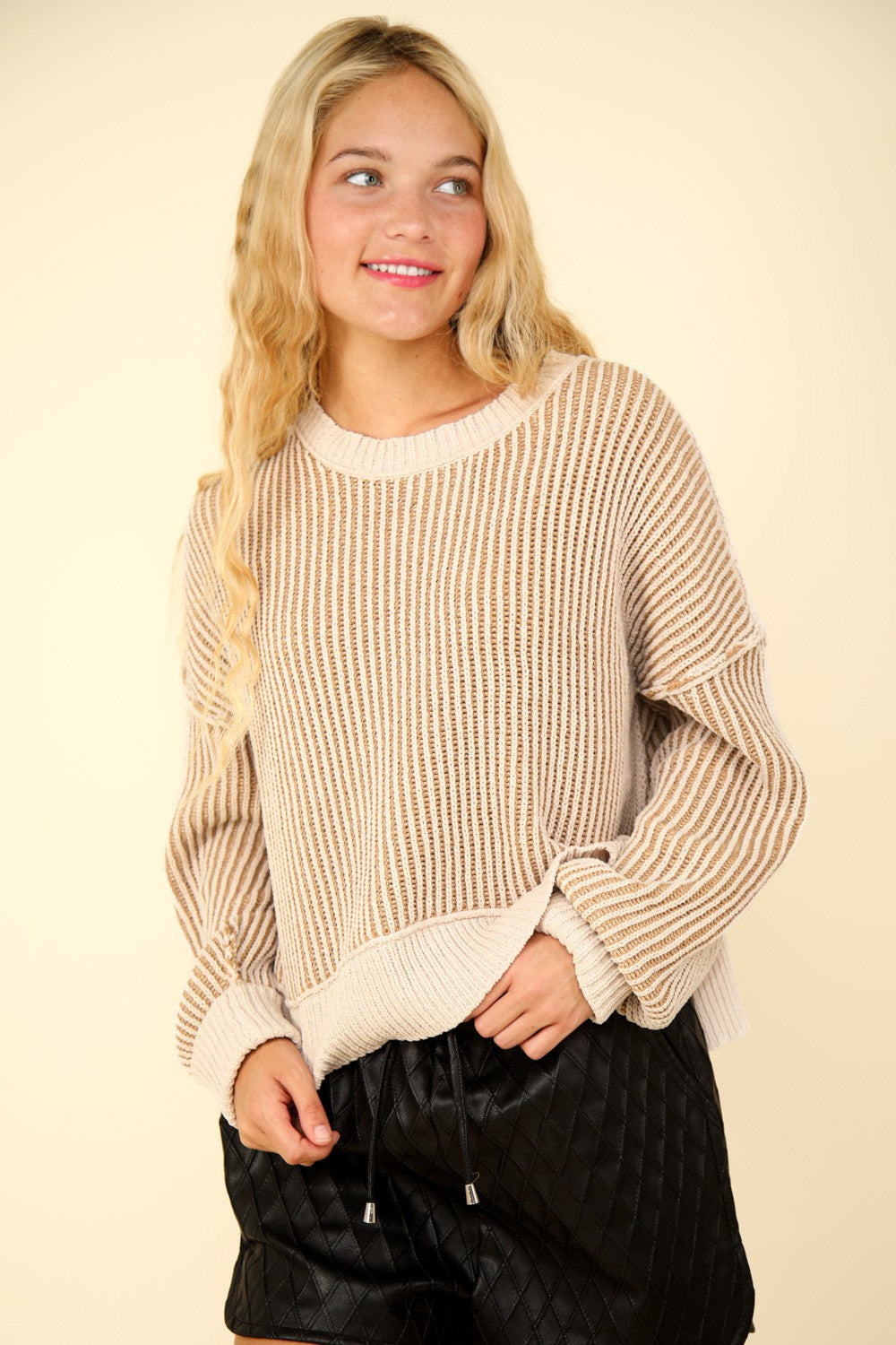 Carmel dream Seam Cropped Striped Slit Sweater