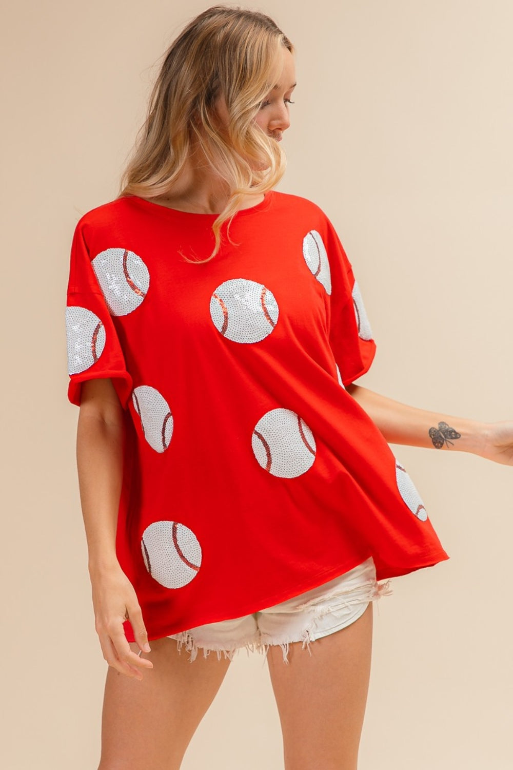 Take Me Out to the Ball Game- Sequin Baseball Drop Shoulder Short Sleeve T-Shirt