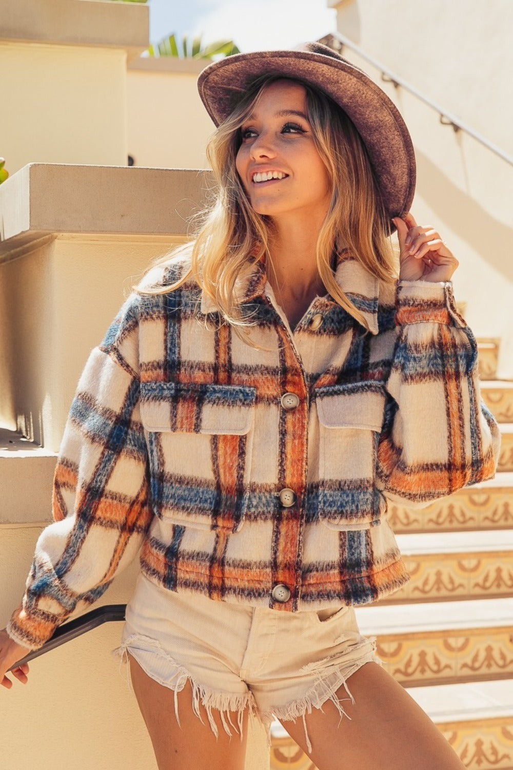 Bridget Brushed Plaid Crop Jacket with Pockets