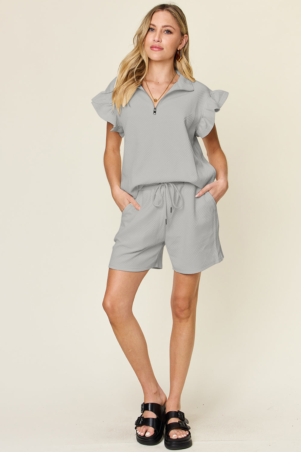 Jeanette Texture Flounce Sleeve Top and Drawstring Shorts Set