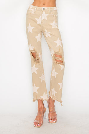 RISEN Full Size High Rise Star Printed Frayed Hem Jeans