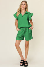 Jeanette Texture Flounce Sleeve Top and Drawstring Shorts Set