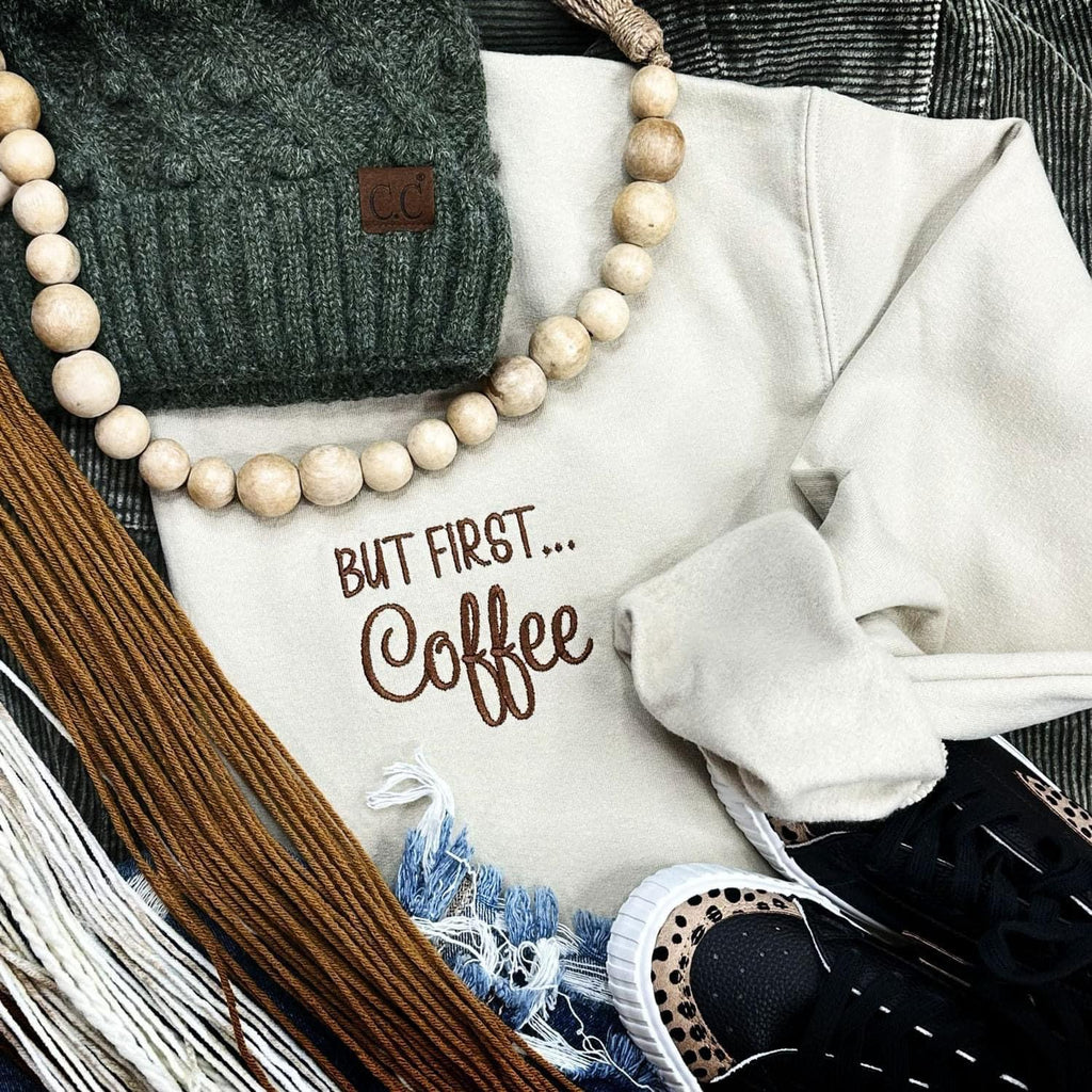 But First Coffee Embroidered Ribbed Crew