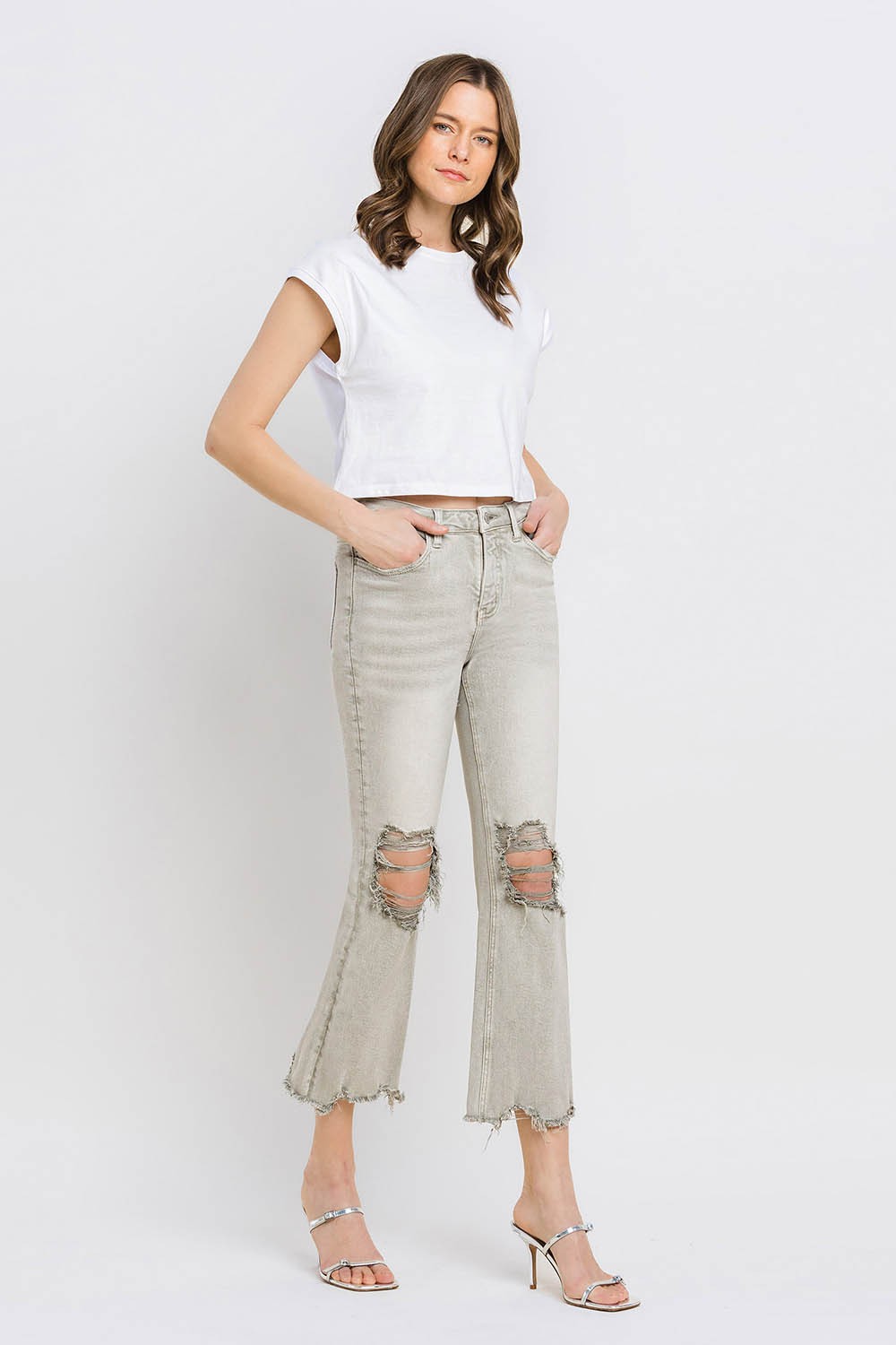 Distressed Raw Hem Cropped Flare Jeans