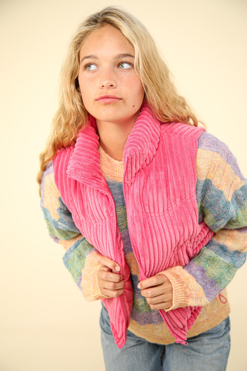 Jazzy pink Zip Up Padded Corduroy Puffer Vest