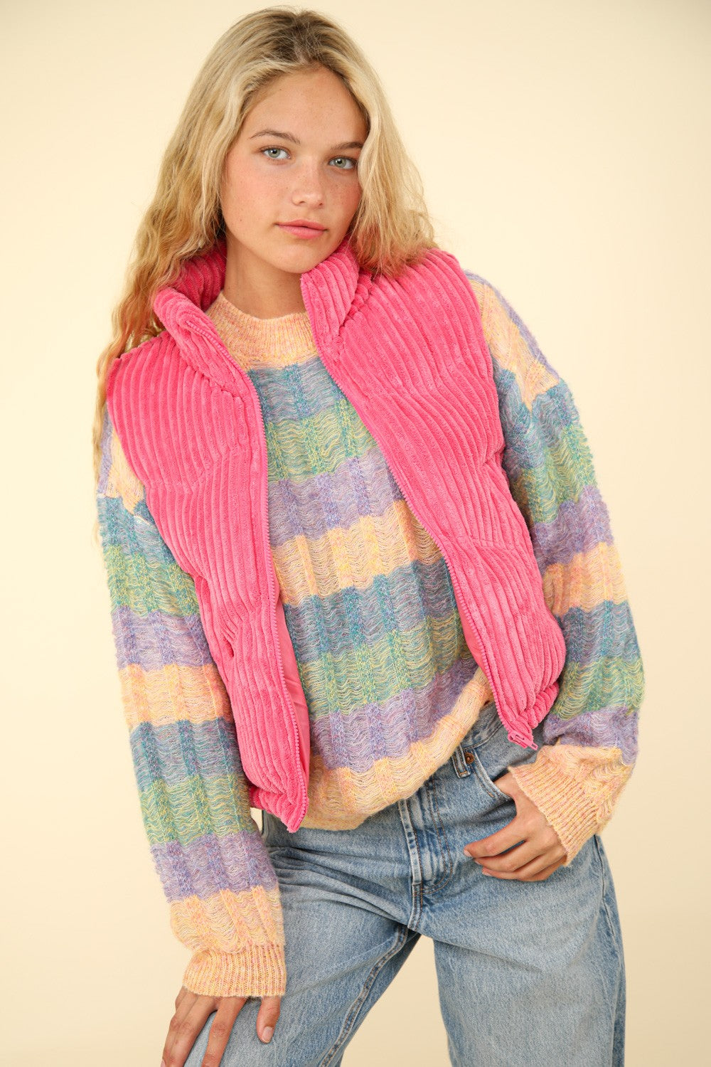 Jazzy pink Zip Up Padded Corduroy Puffer Vest