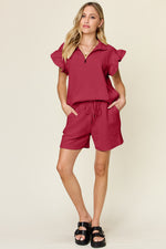 Jeanette Texture Flounce Sleeve Top and Drawstring Shorts Set