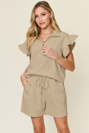 Jeanette Texture Flounce Sleeve Top and Drawstring Shorts Set