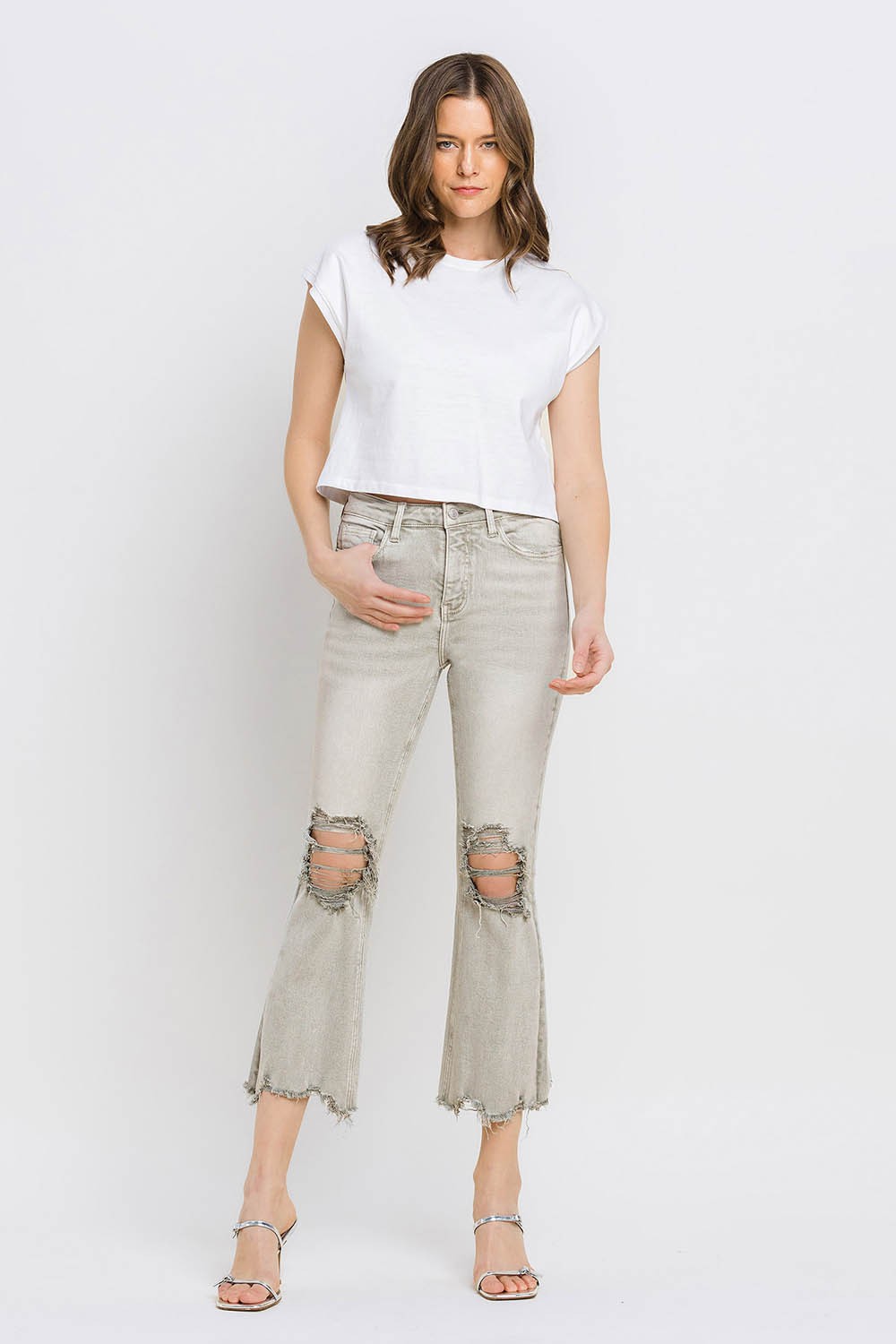 Distressed Raw Hem Cropped Flare Jeans