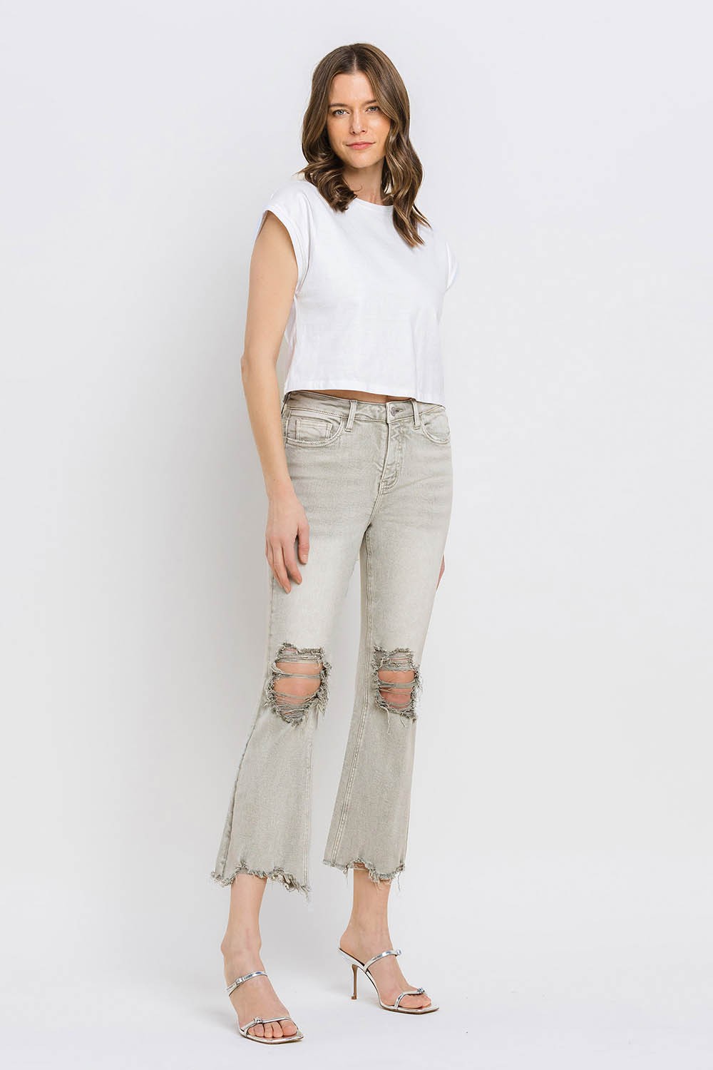 Distressed Raw Hem Cropped Flare Jeans