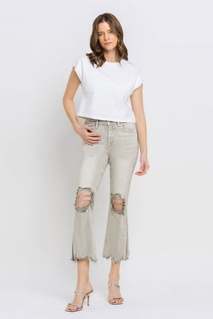 Distressed Raw Hem Cropped Flare Jeans