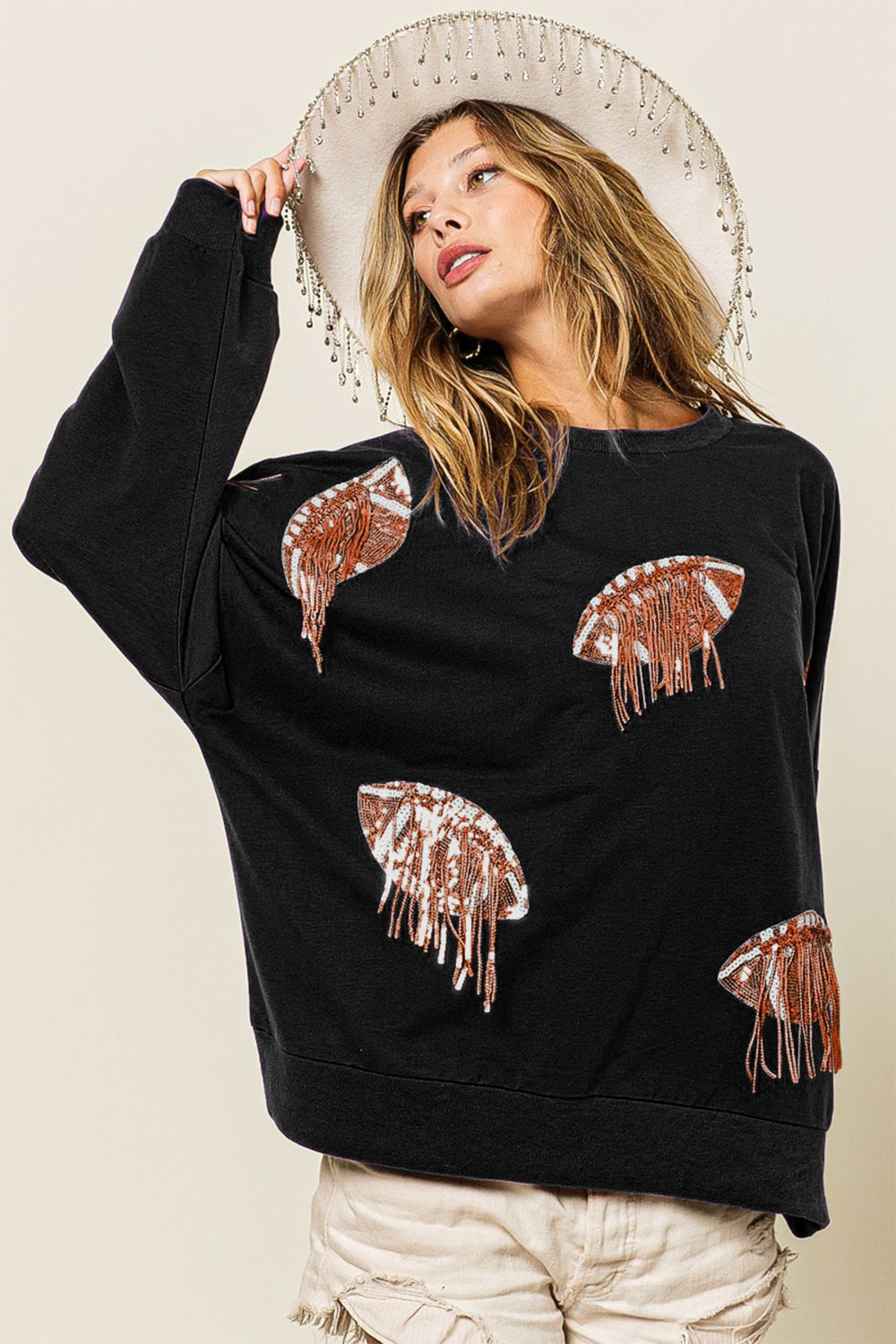 Run the Ball Sequin Fringe Football Patch Round Neck Sweatshirt