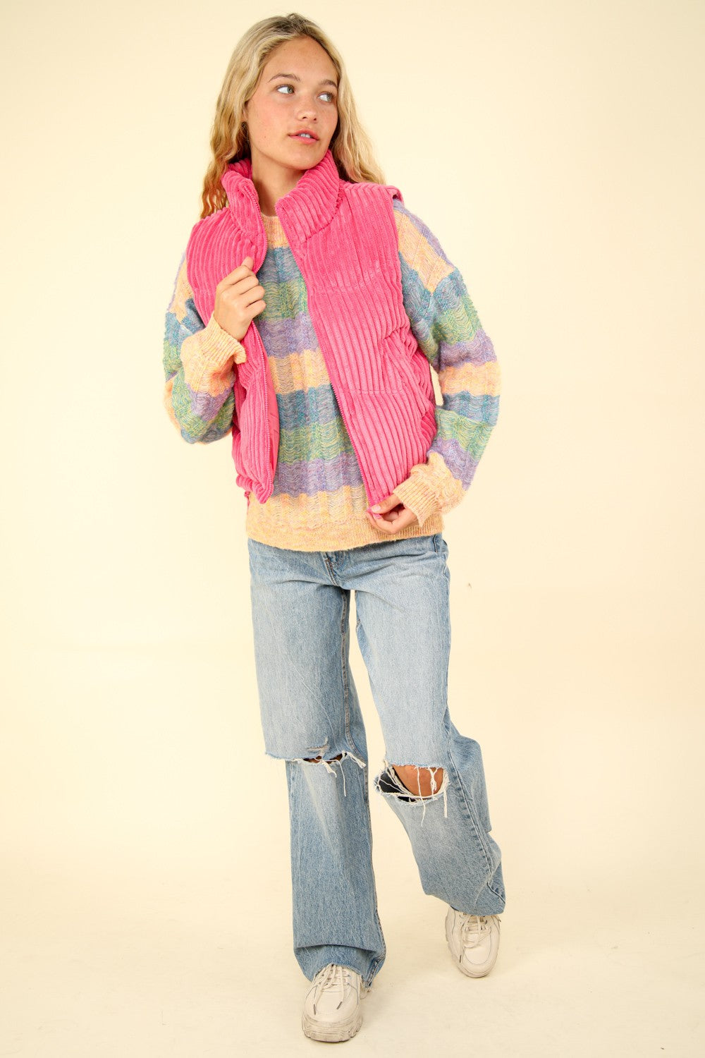 Jazzy pink Zip Up Padded Corduroy Puffer Vest