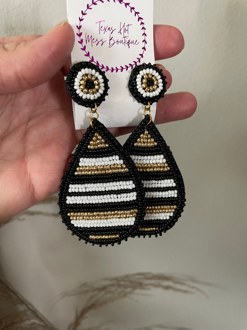 Julie  Black and Gold Seed Bead Earrings