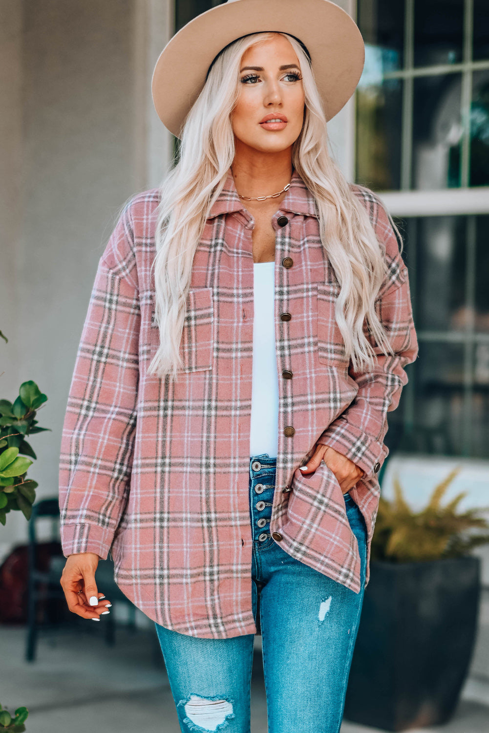 Plaid Curved Hem Dropped Shoulder Longline Shirt Jacket