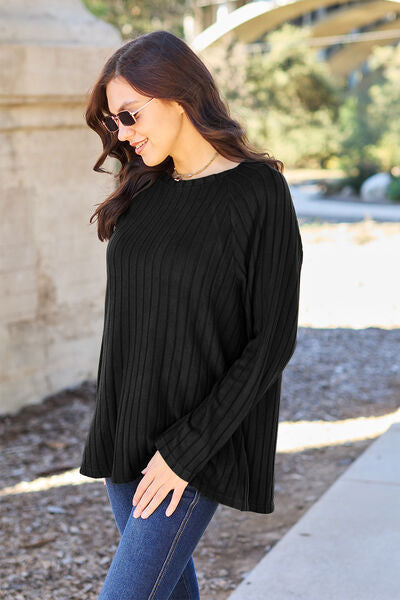 Full Size Ribbed Round Neck Long Sleeve Knit Top