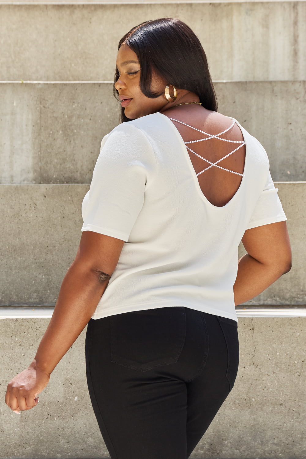 Pearly White Full Size Criss Cross Pearl Detail Open Back T-Shirt