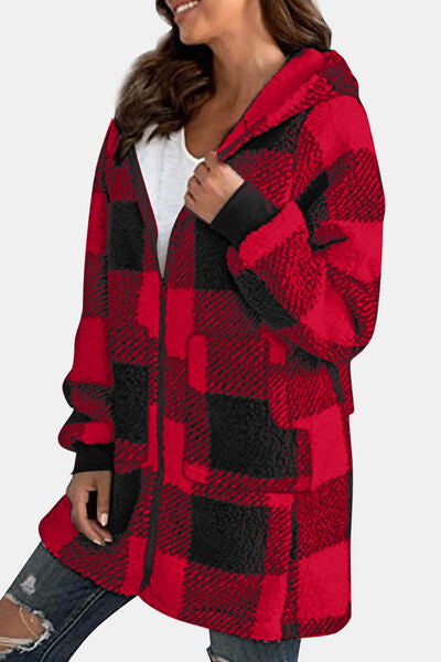 Plaid Long Sleeve Hooded Coat