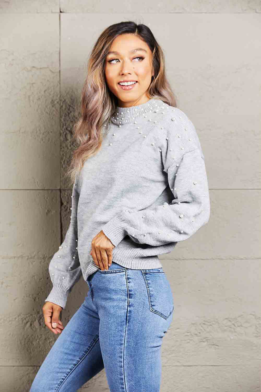 Jessica Pearl Dropped Shoulder Ribbed Trim Sweater