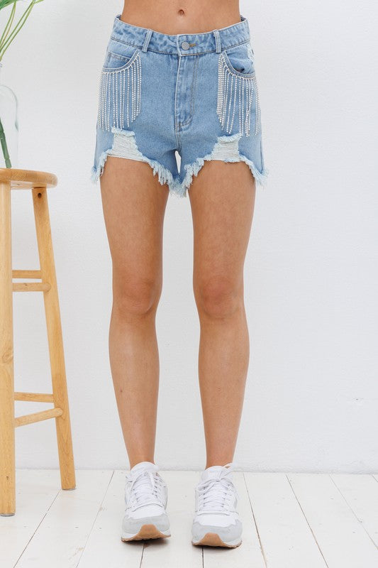 Jayla Frayed Rhinestone Denim Shorts