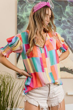 Spring Color Block Smocked Short Sleeve Blouse