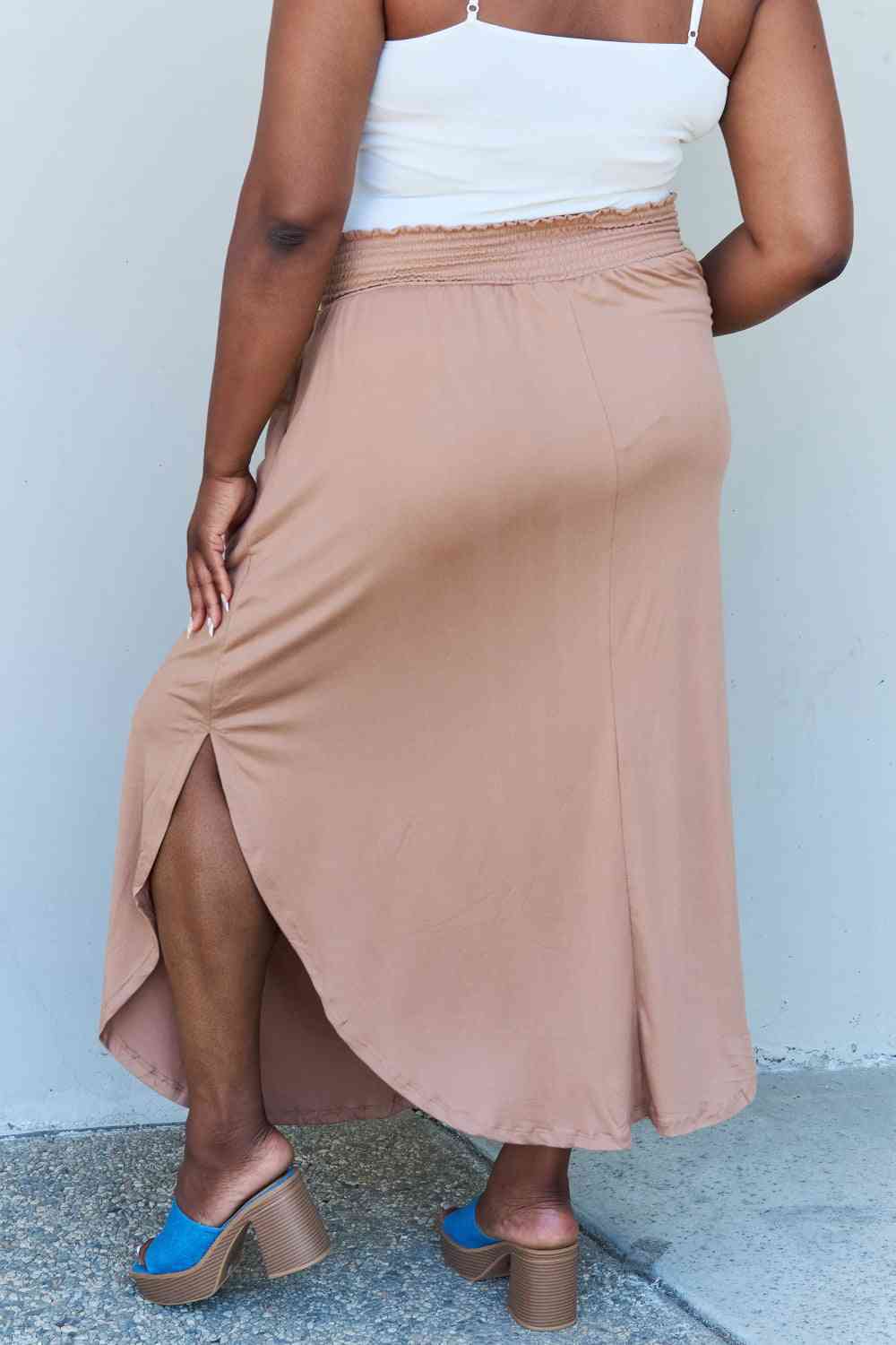 Comfort Princess Full Size High Waist Scoop Hem Maxi Skirt in Tan