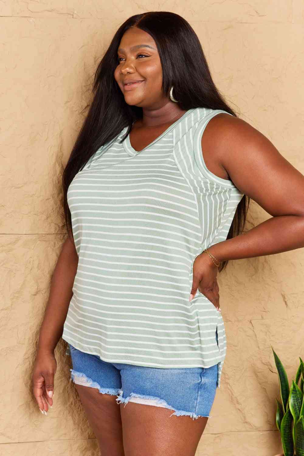 Full Size Striped Sleeveless V-Neck Top