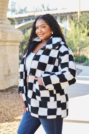 Raceway  Full Size Checkered Button Front Coat with Pockets