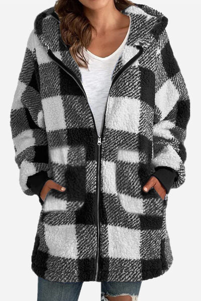 Plaid Long Sleeve Hooded Coat