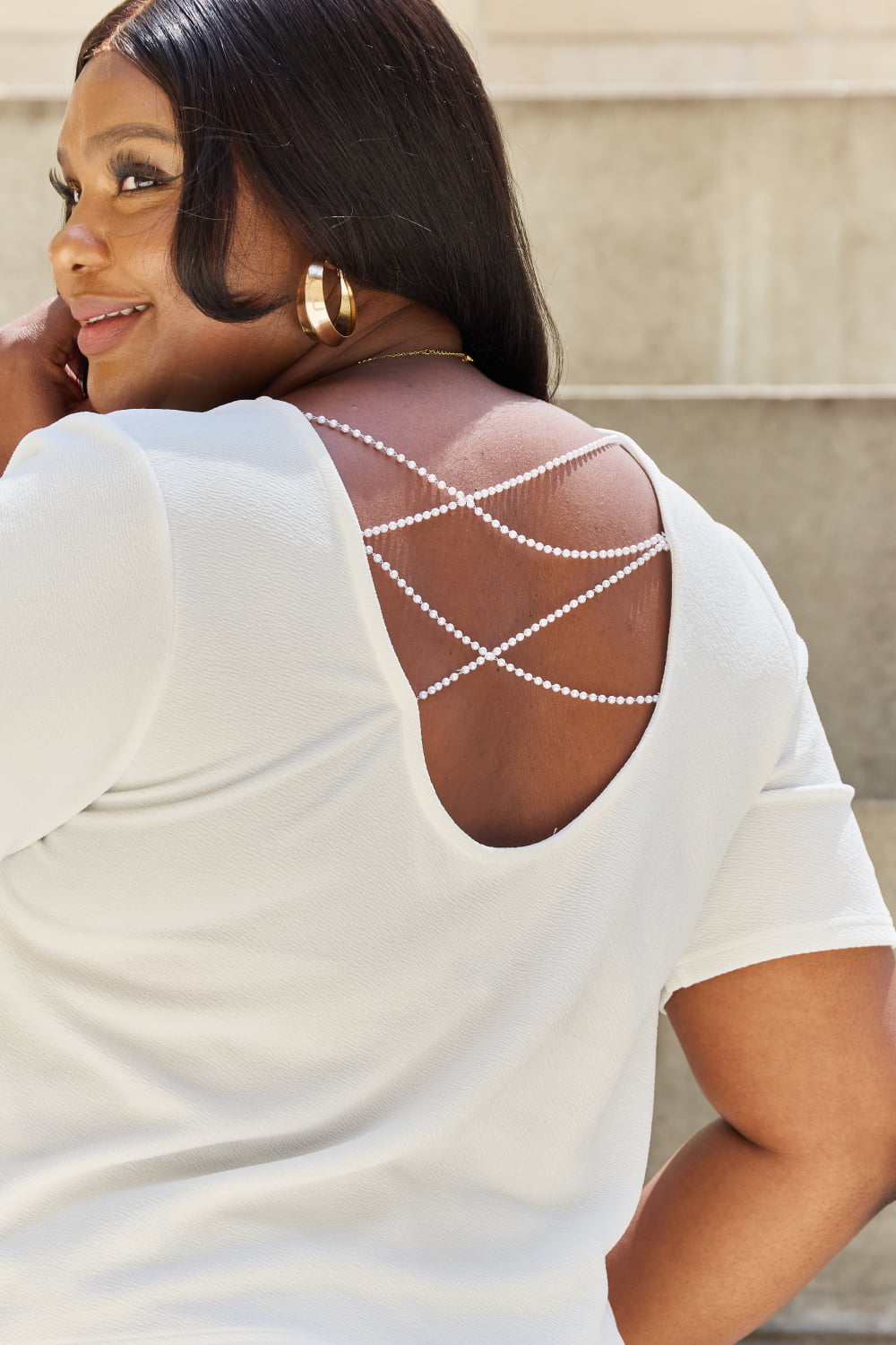 Pearly White Full Size Criss Cross Pearl Detail Open Back T-Shirt