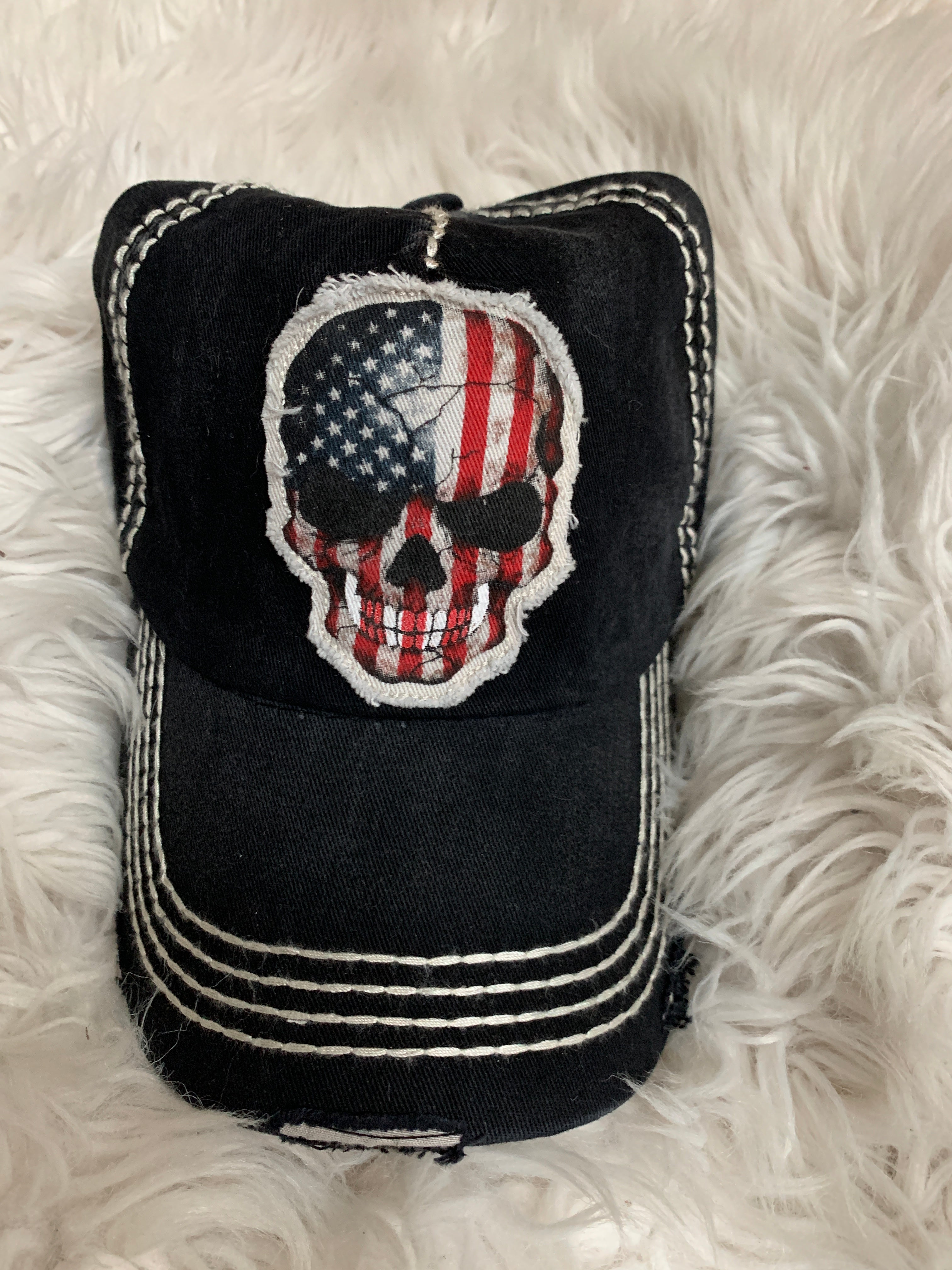 USA Skull Black Distressed Hat