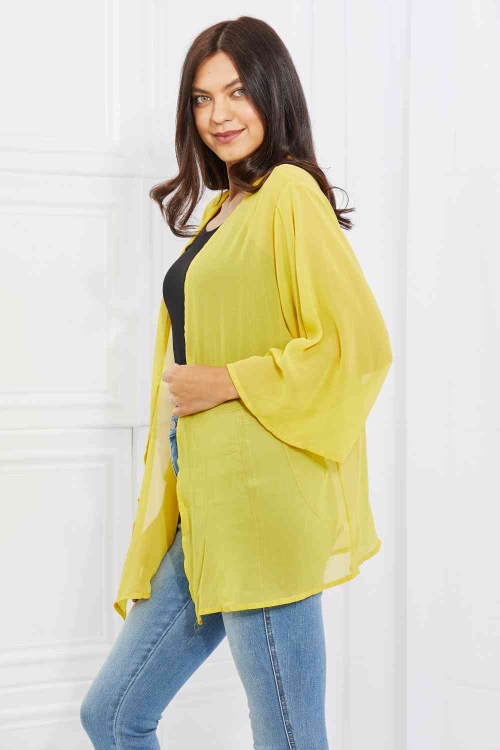 Just Breathe Full Size Chiffon Kimono in Yellow