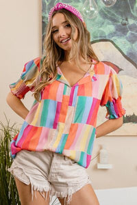 Spring Color Block Smocked Short Sleeve Blouse