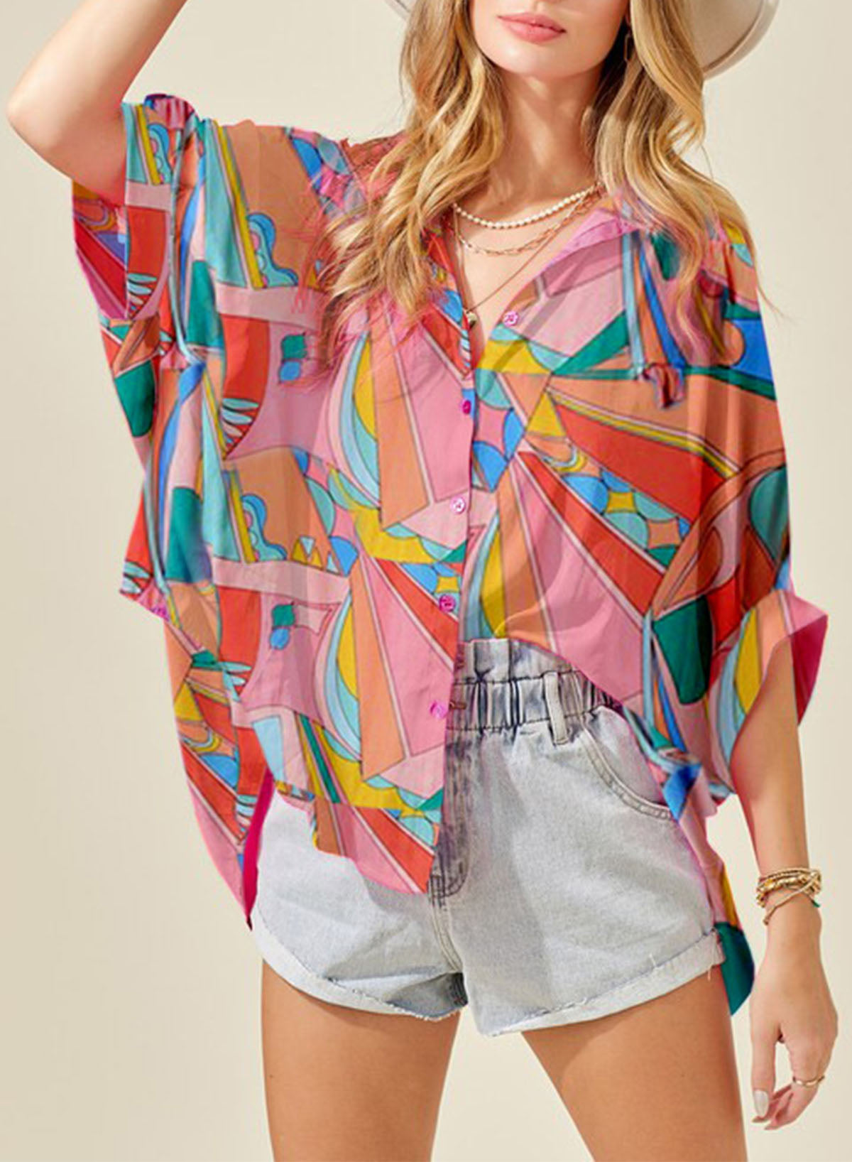 Printed Dolman Sleeve Collared Shirt