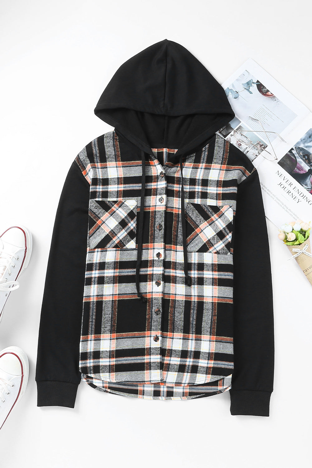 Jupiter Plaid Drawstring Button Front Hooded Jacket