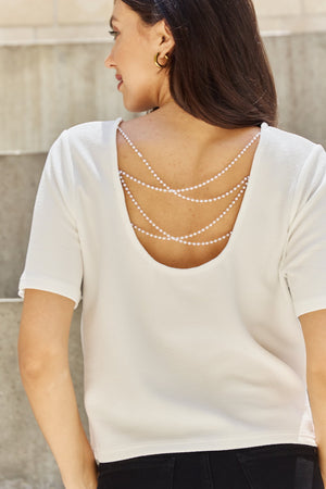 Pearly White Full Size Criss Cross Pearl Detail Open Back T-Shirt