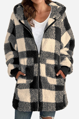 Plaid Long Sleeve Hooded Coat