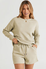 Jessy Texture Long Sleeve Top and Drawstring Shorts Set