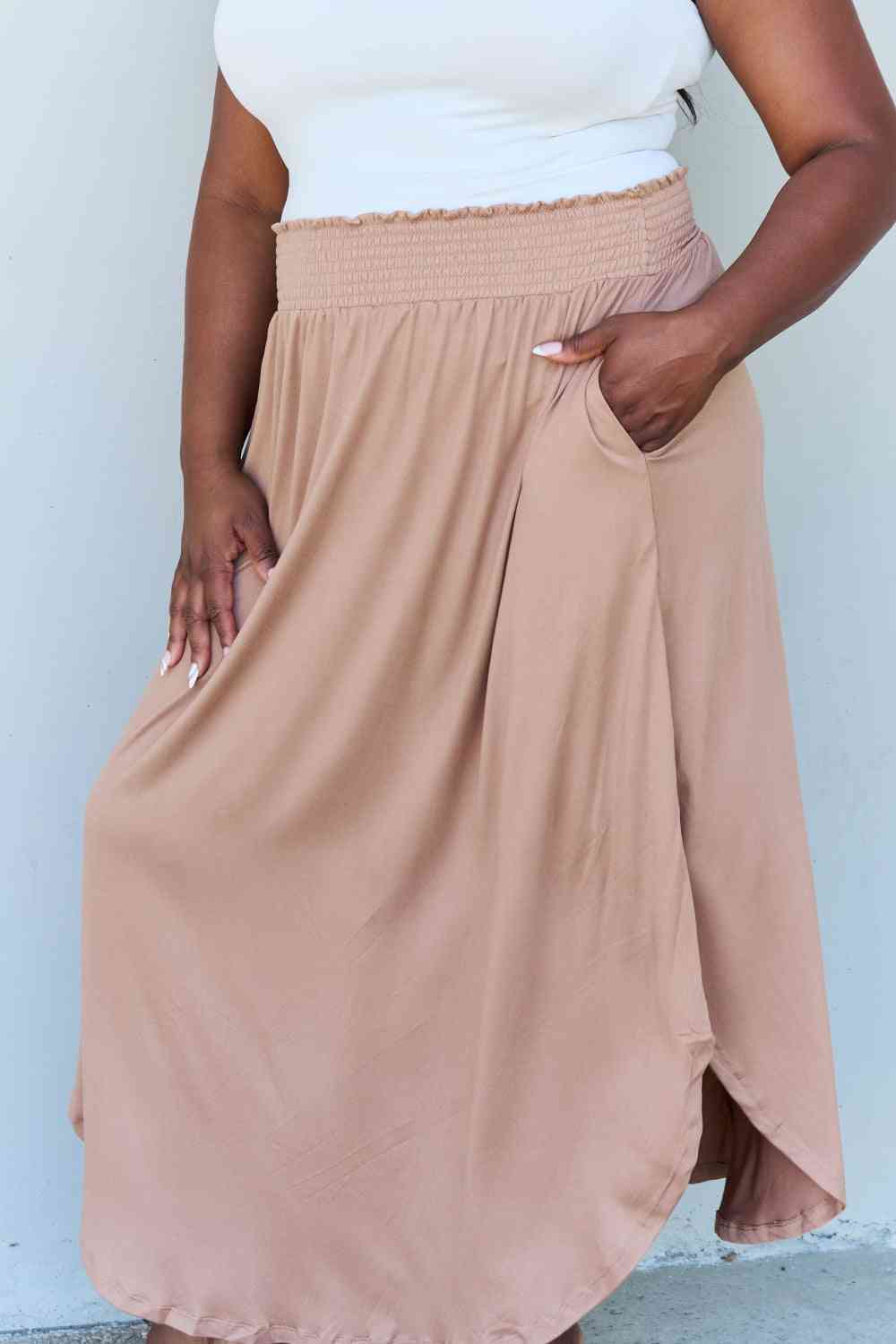 Comfort Princess Full Size High Waist Scoop Hem Maxi Skirt in Tan