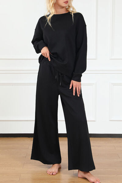 Janet Textured Long Sleeve Top and Drawstring Pants Set